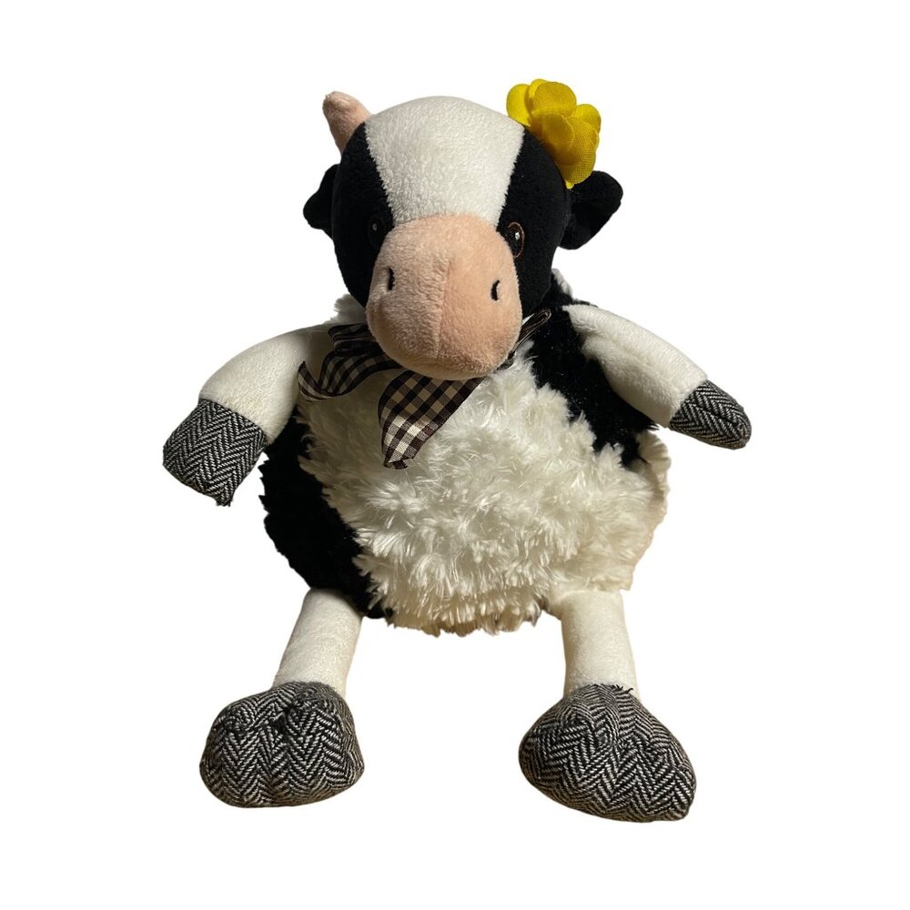 Pier 1 Imports Plush Black & White Cow Stuffed Animal With Yellow Flower & Gingh